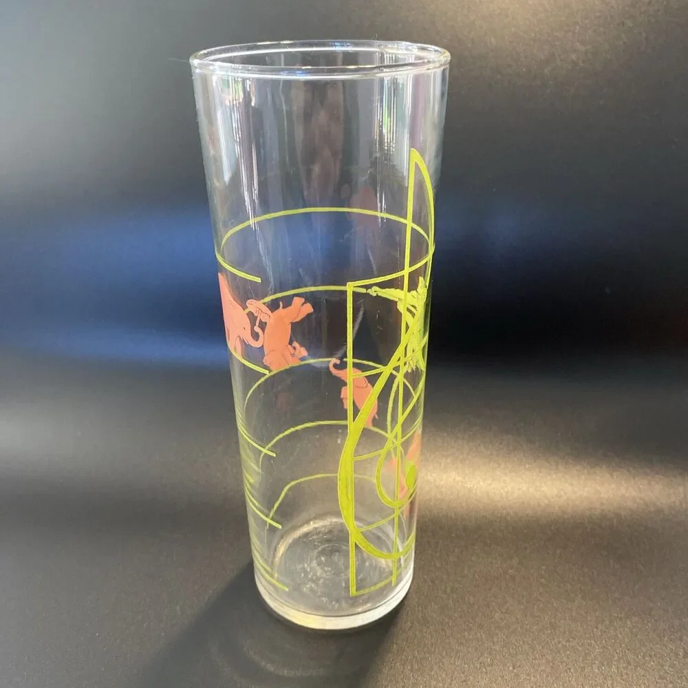 Vintage MCM Federal Glass Pink Elephant & Monkey Musical Notes Highball Glass